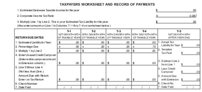 TAXPAYERS WORKSHEET AND RECORD OF PAYMENTS 1. Estimated Delaware Taxable Income for the year $  .00