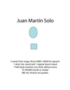 Juan Martín Solo  2 sends from stage, Shure SM81, SM58 for speech, 1 short mic stand and 1 regular boom stand 1 fold back monitor, one chair without arms TC M3000 reverb or similar