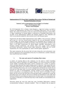 Implementation of UN Treaty Body Concluding Observations: The Role of National and Regional Mechanisms in Europe Summary and recommendations form the High Level Seminar held on[removed]September 2011 Bristol, United Kingdo