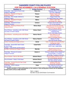 SAUNDERS COUNTY POLLING PLACES FOR THE NOVEMBER 4, 2014 GENERAL ELECTION Resident of Townships - Oak Creek & Rock Creek Village of Valparaiso Townships - Newman & Chapman