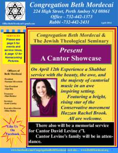 Congregation Beth Mordecai 224 High Street, Perth Amboy NJ[removed]Office[removed]Rabbi[removed]April[removed]removed]