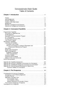 Concessionaire Desk Guide Table of Contents Chapter 1: Introduction . . . . . . . . . . . . . . . . . . . . . . . . . . . . . . . 1-1 Preface . . . . . . . . . . . . . . . . . . . . . . . . . . . . . . . . . . . . . . . 