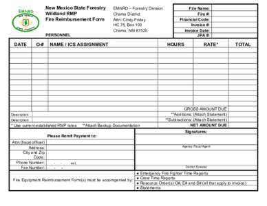 New Mexico State Forestry  Wildland RMP  Fire Reimbursement Form  EMNRD – Forestry Division  Chama District 