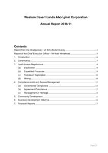 Western Desert Lands Aboriginal Corporation Annual ReportContents  Report from the Chairperson - Mr Billy (Butler) Landy ......................................................... 2