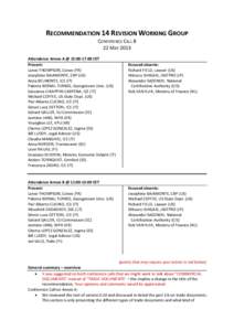 RECOMMENDATION 14 REVISION WORKING GROUP CONFERENCE CALL 8 22 MAY 2013 Attendance Annex A @ 15:00-17:00 CET Present: Lance THOMPSON, Conex (FR)