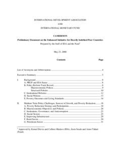 INTERNATIONAL DEVELOPMENT ASSOCIATION AND INTERNATIONAL MONETARY FUND CAMEROON Preliminary Document on the Enhanced Initiative for Heavily Indebted Poor Countries