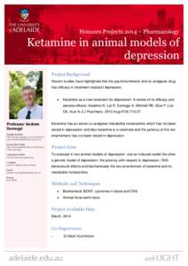 Honours Projects 2014 – Pharmacology  Ketamine in animal models of depression Project Background Recent studies have highlighted that the psychotomimetic and co-analgesic drug