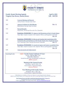 Faculty Senate Meeting Agenda Virginia Dare Room, Alumni House April 4, 2018 3:00 – 5:00 PM