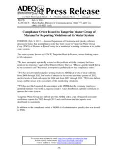 Compliance Order Issued to Tangerine Water Group of Marana for Reporting Violations at its Water System