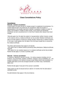 Class Cancellations Policy  Cancellations Refunds - student cancellation: Vulcana does not issue refunds on classes except in exceptional circumstances. If a student believes their circumstances are exceptional, either t