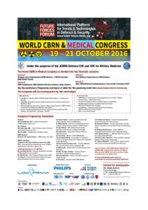 Under the auspices of the JCBRN Defence COE and COE for Military Medicine The World CBRN & Medical Congress is divided into four thematic sessions Session A Strategic and Comprehensive CBRN Defence – CBRN Protection, W
