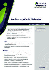 Key changes to the Fair Work Act 2009 Workplace Relations Update The Fair Work Amendment Act 2012 (“the FWA Act”), which will amend the Fair Work Act 2009 (“the FW Act”), received Royal Assent on 4 December 2012.