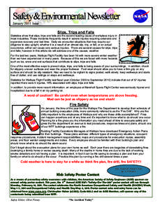 Safety&Environmental Newsletter January 2011 Issue Slips, Trips and Falls Statistics show that slips, trips and falls are the second leading cause of workplace injury in most industries. These incidents frequently result