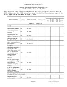 CONSOLIDATED CHECKLIST C4 Standards Applicable to Transporters of Hazardous Waste 40 CFR Part 263 as of December 31, 2002 Note: No final rules affecting 40 CFR Part 263 were promulgated between June 30, 2002 and December