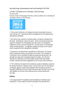 http://www.fco.gov.uk/en/news/latest-news/?view=PressS&id=[removed]#  London Conference on Somalia: Communique 23 February[removed]Full text of the Communique from the London Conference on Somalia at