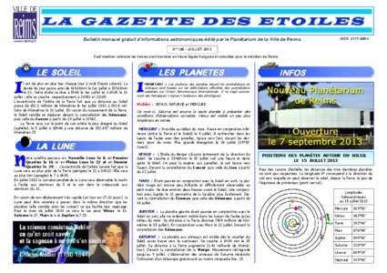 L A G A Z E T T E D E S E T O IL E S www.reims.fr Bulletin mensuel gratuit d’informations astronomiques édité par le Planétarium de la Ville de Reims.  ISSN 2117-699X