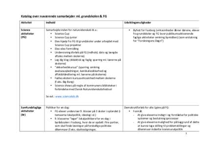 Katalog	
  over	
  nuværende	
  samarbejder	
  ml.	
  grundskolen	
  &	
  FG	
   Aktivitet	
  	
   Science	
   aktiviteter	
   (PG)	
  