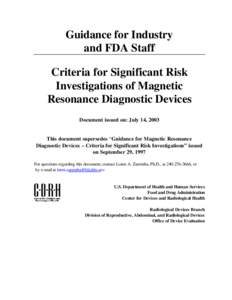 Criteria for Significant Risk Investigations fo MAgnetic Resonance Diagnostic Devices