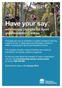 Have your say on planning changes for Sport and Recreation Centres Proposals are now on exhibition to create consistent planning controls for the 11 State Sport and Recreation Centres in NSW, including Berry Sport and Re