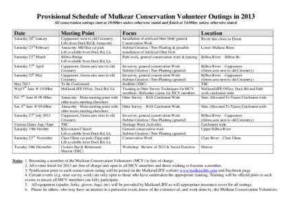 Provisional Schedule of Mulkear Conservation Volunteer Outings in 2013 All conservation outings start at 10.00hrs unless otherwise stated and finish at 14.00hrs unless otherwise stated. Date  Meeting Point