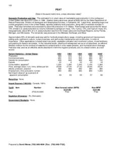 120  PEAT (Data in thousand metric tons, unless otherwise noted)1 Domestic Production and Use: The estimated f.o.b. plant value of marketable peat production in the contiguous United States was about $14 million in 1996.