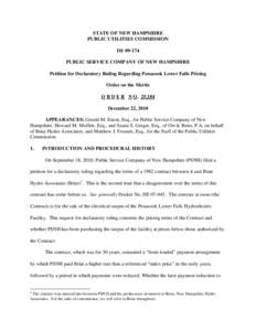 STATE OF NEW HAMPSHIRE PUBLIC UTILITIES COMMISSION DE[removed]PUBLIC SERVICE COMPANY OF NEW HAMPSHIRE Petition for Declaratory Ruling Regarding Penacook Lower Falls Pricing Order on the Merits