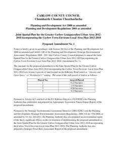 CARLOW COUNTY COUNCIL Chomhairle Chontae Cheatharlacha Planning and Development Act 2000 as amended Planning and Development Regulations 2001 as amended Joint Spatial Plan for the Greater Carlow Graiguecullen Urban Area 