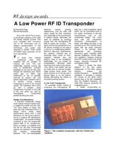 RF design awards  A Low Power RF ID Transponder By Raymond Page Wenzel Associates This is the Grand Prize winner