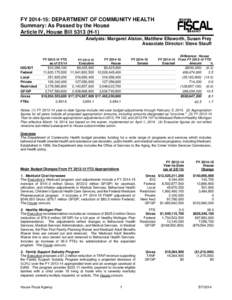 FY[removed]: DEPARTMENT OF COMMUNITY HEALTH Summary: As Passed by the House Article IV, House Bill[removed]H-1) Analysts: Margaret Alston, Matthew Ellsworth, Susan Frey Associate Director: Steve Stauff