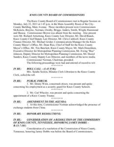 KNOX COUNTY BOARD OF COMMISSIONERS The Knox County Board of Commissioners met in Regular Session on Monday, July 22, 2013 at 1:45 p.m. in the Main Assembly Room of the CityCounty Building, Main Avenue. Those members pres