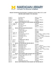PROJECTED HOURS CHANGES/DAY CLOSINGS: JUNE 26, 2016- JULY 5, HOURS ARE SUBJECT TO CHANGE) JUNE 25 Last Exam (SA) 8:00 a.m. – Noon