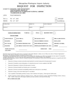 Metropolitan Washington Airports Authority  REQUEST FOR INSPECTION SUBMIT TO: BUILDING CODE DEPARTMENT WEST BUILDING, ROOM 155 RONALD REAGAN WASHINGTON NATIONAL AIRPORT