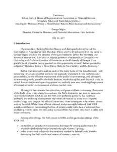 Testimony Before the U.S. House of Representatives Committee on Financial Services Monetary Policy and Trade Subcommittee Hearing on “Monetary Policy v. Fiscal Policy: Risks to Price Stability and the Economy” George