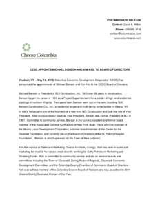 FOR IMMEDIATE RELEASE Contact: Carol A. Wilber Phone: www.columbiaedc.com