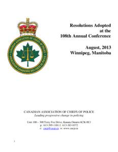 Resolutions Adopted at the 108th Annual Conference August, 2013 Winnipeg, Manitoba