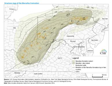 Structure map of the Marcellus Formation  Source: U.S. Energy Information Administration, based on DrillingInfo Inc., New York State Geological Survey, Ohio State Geological Survey, Pennsylvania Bureau of Topographic & G