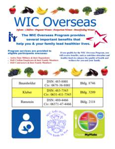 If you qualify for the WIC Overseas Program, you will receive benefits, such as nutrition education and healthy foods to enhance the quality of health and wellness for you and your family.  Baumholder
