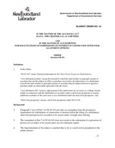 Government of Newfoundland and Labrador Department of Government Services BLANKET ORDER NO. 54  IN THE MATTER OF THE SECURITIES ACT