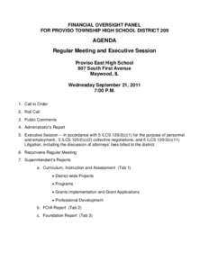 Financial Oversight Panel for Proviso Township High School District 209 Meeting Agenda: September 21, 2011