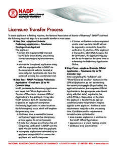 Licensure Transfer Process To assist applicants in fielding inquiries, the National Association of Boards of Pharmacy® (NABP®) outlined the following required steps for a successful transfer in most cases: S  tep O