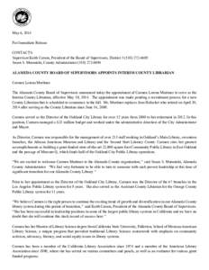 May 6, 2014 For Immediate Release CONTACTS: Supervisor Keith Carson, President of the Board of Supervisors, District[removed] Susan S. Muranishi, County Administrator[removed]ALAMEDA COUNTY BOARD OF SUPERV
