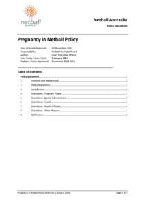 Netball Australia Policy Document Pregnancy in Netball Policy Date of Board Approval: Responsibility: