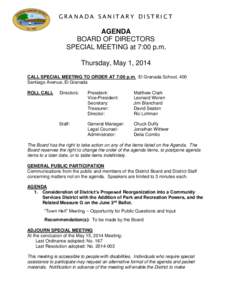 GRANADA SANITARY DISTRICT  AGENDA BOARD OF DIRECTORS SPECIAL MEETING at 7:00 p.m. Thursday, May 1, 2014