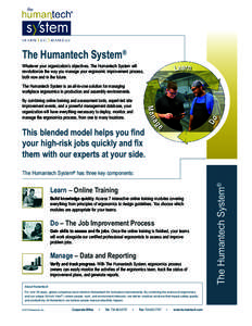 The Humantech System® Whatever your organization’s objectives, The Humantech System will revolutionize the way you manage your ergonomic improvement process, both now and in the future. The Humantech System is an all-