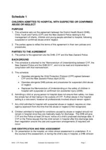 Schedule 1 CHILDREN ADMITTED TO HOSPITAL WITH SUSPECTED OR CONFIRMED ABUSE OR NEGLECT PURPOSE 1. This schedule sets out the agreement between the District Health Board (DHB), Child, Youth and Family (CYF) and the New Zea