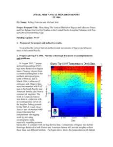 JIMAR, PFRP ANNUAL PROGRESS REPORT FY 2004 P.I. Name: Jeffrey Polovina and Michael Seki Project Proposal Title: Describing The Vertical Habitat of Bigeye and Albacore Tunas and Post Release Survival for Marlins in the Ce