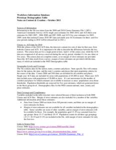 Workforce Information Database Prototype Demographics Table Notes on Content & Creation – October 2011 Sources of Information Information in the file was taken from the 2000 and 2010 Census Summary File 1 (SF1),