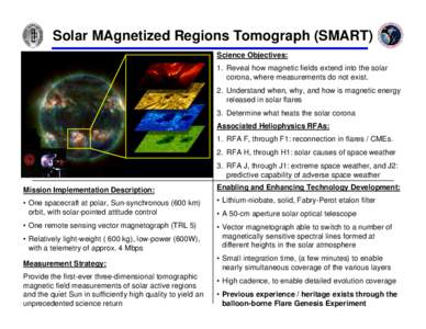 Solar MAgnetized Regions Tomograph (SMART) Science Objectives: 1. Reveal how magnetic fields extend into the solar corona, where measurements do not exist. 2. Understand when, why, and how is magnetic energy released in 