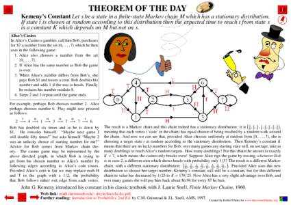 THEOREM OF THE DAY Kemeny’s Constant Let s be a state in a finite-state Markov chain M which has a stationary distribution. If state t is chosen at random according to this distribution then the expected time to reach 