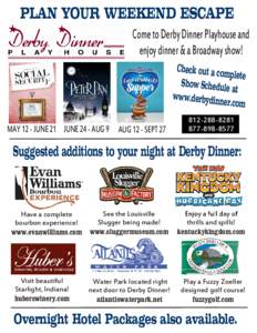 PLAN YOUR WEEKEND ESCAPE Come to Derby Dinner Playhouse and enjoy dinner & a Broadway show! Check out a com plete Show Schedule